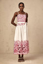 Taliyah Midi Dress in Pink & White - Cut - out Design with Floral Embroidery