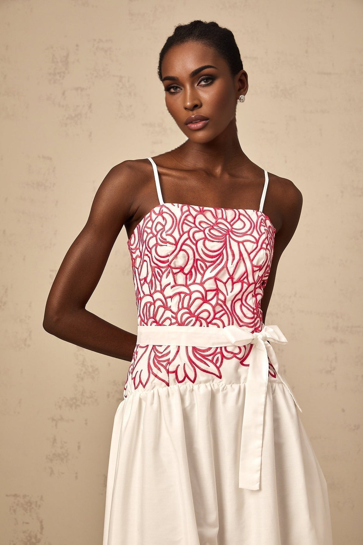 Taliyah Midi Dress in Pink & White - Cut - out Design with Floral Embroidery