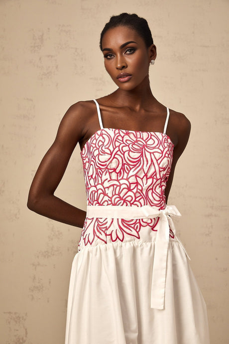 Taliyah Midi Dress in Pink & White - Cut - out Design with Floral Embroidery