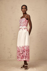 Taliyah Midi Dress in Pink & White - Cut - out Design with Floral Embroidery