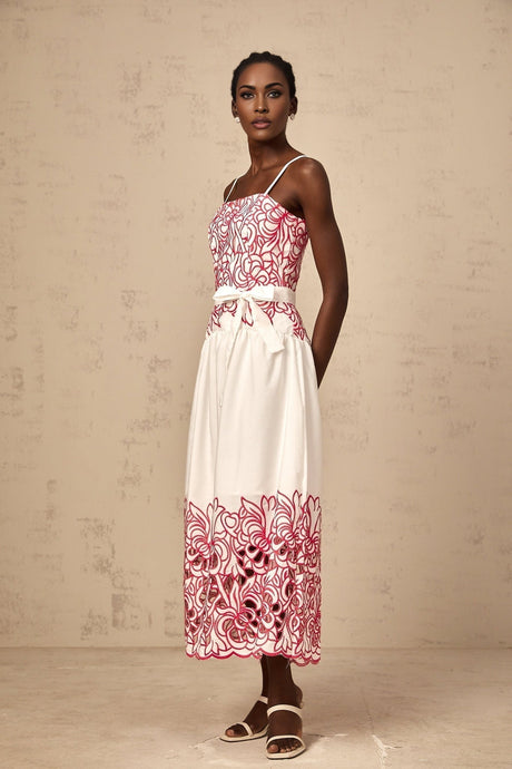 Taliyah Midi Dress in Pink & White - Cut - out Design with Floral Embroidery