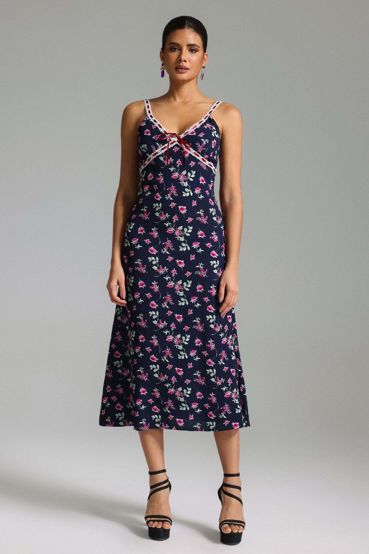 Taliyah Navy Floral Print Halter Midi Dress