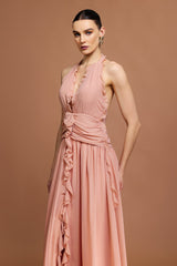Taliyah Peach Fit and Flare Ruffle Detail Dress