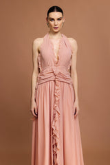 Taliyah Peach Fit and Flare Ruffle Detail Dress