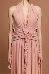 Taliyah Peach Fit and Flare V-Neck Dress with Ruffle Detailing