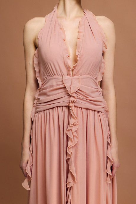 Taliyah Peach Fit and Flare V-Neck Dress with Ruffle Detailing