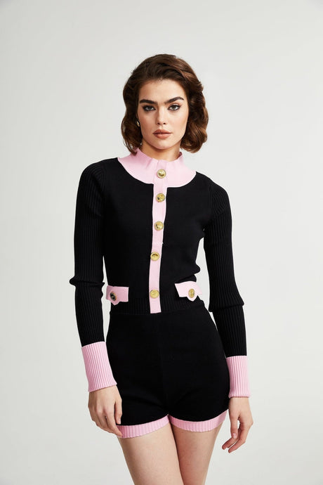 Tamara Knitted Bodysuit Black Pink Contrast Flap Pockets