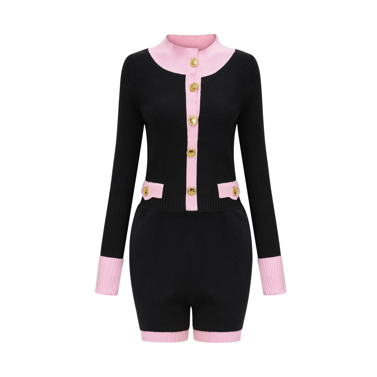 Tamara Knitted Bodysuit Black Pink Contrast Flap Pockets