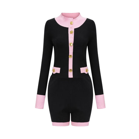Tamara Knitted Bodysuit Black Pink Contrast Flap Pockets
