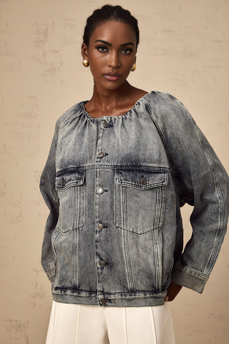 Tatiana Denim Jacket Blue Collarless Faded Shirred Effect