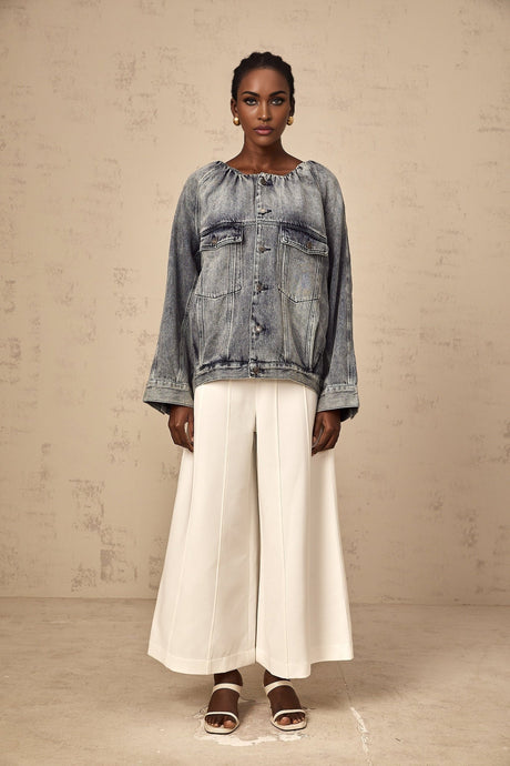 Tatiana Denim Jacket Blue Collarless Faded Shirred Effect