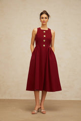 Tatiana Midi Dress Rich Red Flower - Motif Pleated & Adorned
