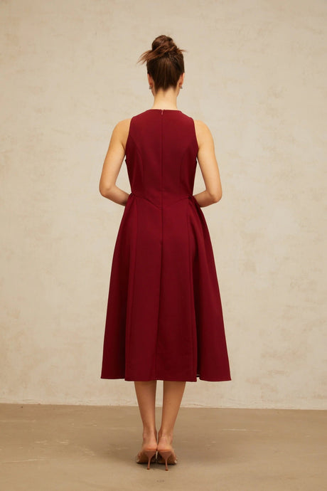 Tatiana Midi Dress Rich Red Flower - Motif Pleated & Adorned