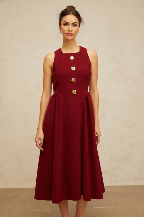 Tatiana Midi Dress Rich Red Flower - Motif Pleated & Adorned