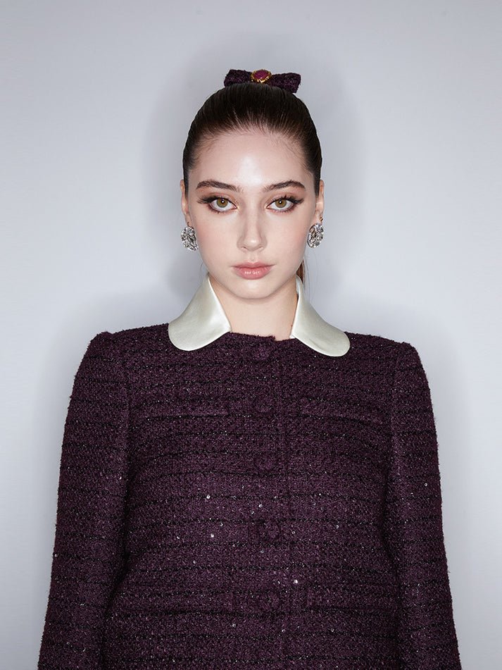 Tatiana Tweed Jacket – Cropped Fit – Silk Collar & Cuffs – Tailored Silhouette