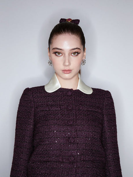 Tatiana Tweed Jacket – Cropped Fit – Silk Collar & Cuffs – Tailored Silhouette