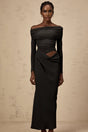 Taylor Midi Dress Black Semi Sheer Tulle Panel Off Shoulder Draped