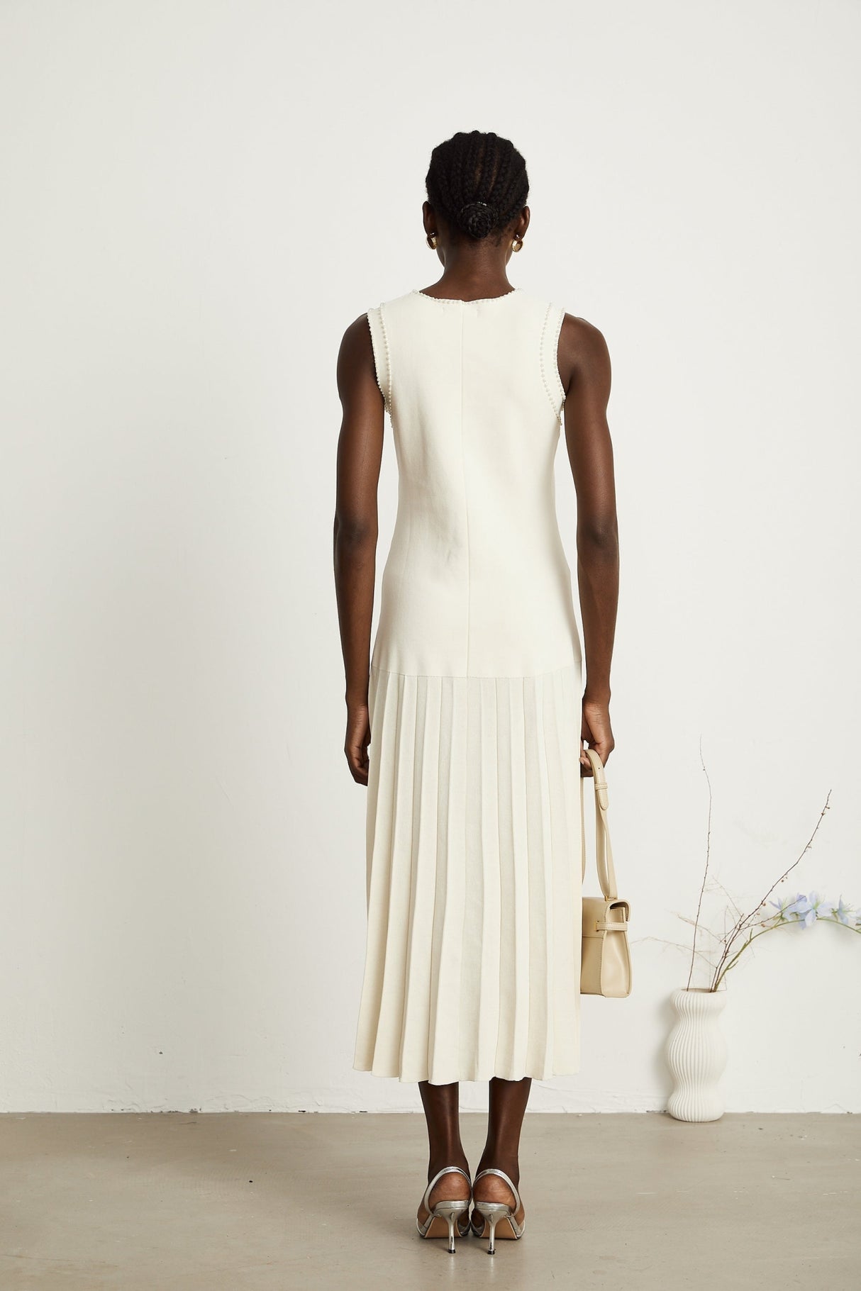Taylor Midi Dress White Faux Pearl Pleated Bouquet