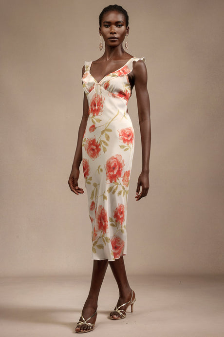 Taylor White Floral Halter Midi Dress Ruffled Bowknot Fitted Bodice