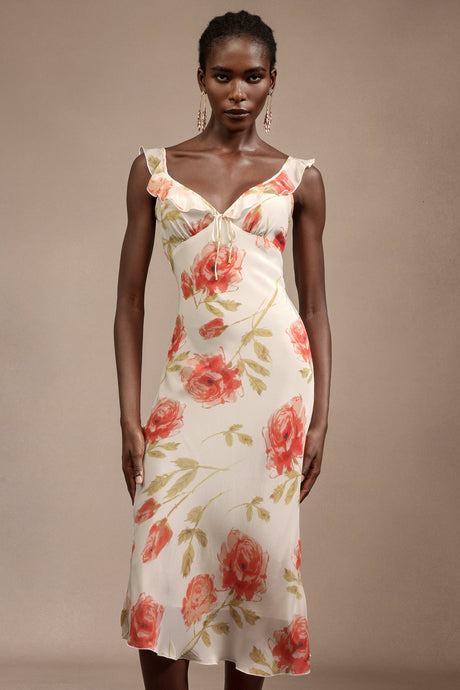 Taylor White Floral Halter Midi Dress Ruffled Detailing Bowknot Fitted Bodice