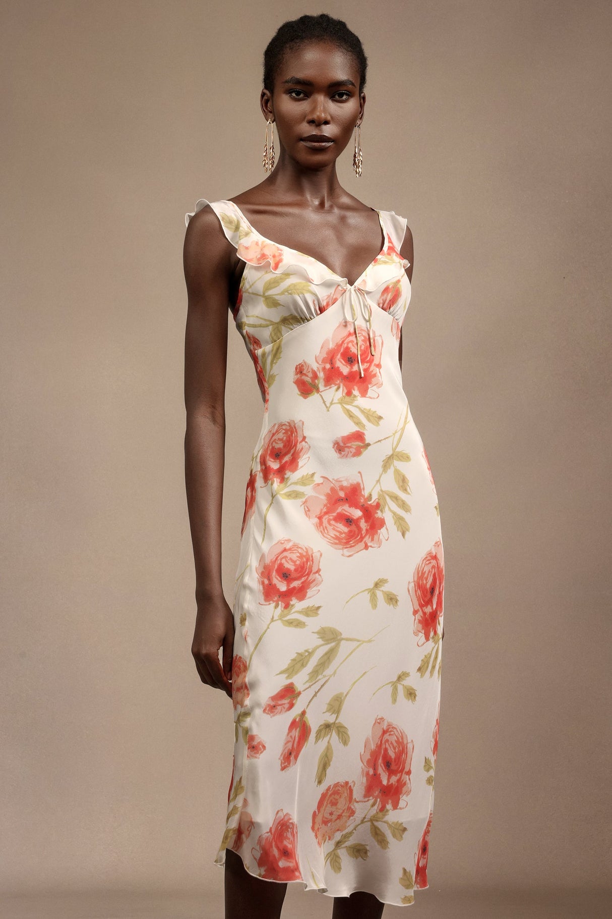 Taylor White Floral Print Halter Midi Dress Ruffled Detailing Bowknot Fitted Bodice Summer Evening Events