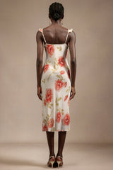 Taylor White Floral Print Halter Midi Dress Ruffled Detailing Bowknot Fitted Bodice