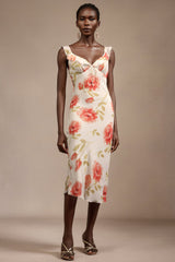 Taylor White Floral Print Halter Midi Dress with Ruffled Detailing and Bowknot
