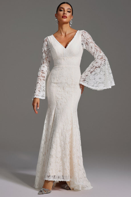 Taylor White Lace Maxi Dress V-Neck Backless Formal Wedding Evening Wear