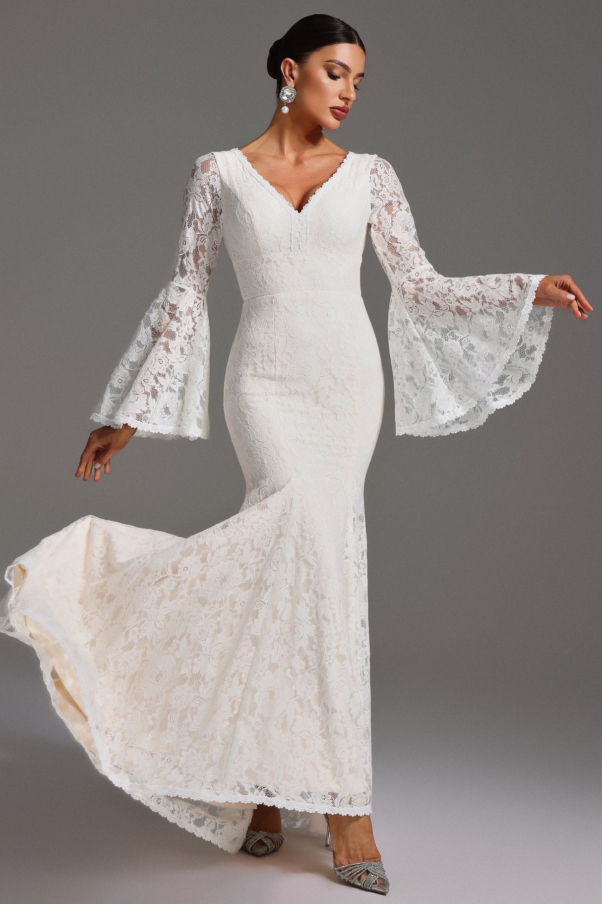 Taylor White Lace Maxi Dress V-Neck Flared Sleeves Backless Design Wedding Formal Events Elegant Heels