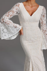 Taylor White Lace Maxi Dress V-Neckline Flared Sleeves Backless Design Wedding Formal Event Romantic Evening