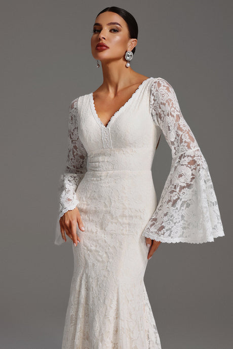 Taylor White Lace Maxi Dress V-Neck Flared Sleeves Backless Elegant Wedding Formal Evening Wear