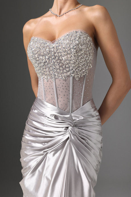Teagan Silver Sequin Strapless Dress with High Slit for Formal Occasions