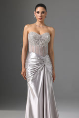 Teagan Silver Sequin Strapless Formal Dress with High Slit