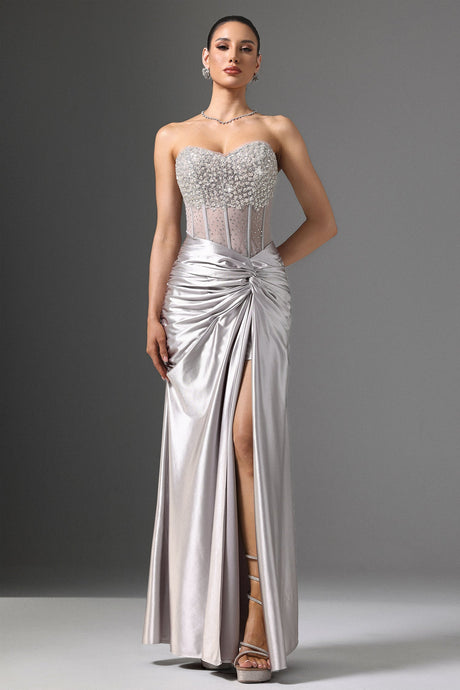 Teagan Silver Sequin Strapless Formal Dress with High Slit for Gala or Wedding
