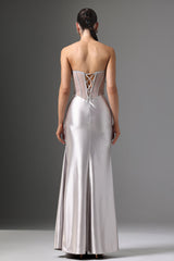Teagan Silver Sequin Strapless Formal Dress