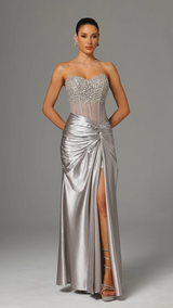 Teagan Silver Sequin Strapless Formal Dress