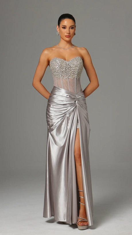 Teagan Silver Sequin Strapless Formal Dress
