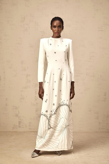 Tecla Maxi Dress White Crystal Lotus Embellished