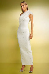 Tecla White Diamond Detail One-Shoulder Maxi Dress