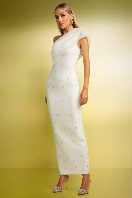 Tecla White Diamond Detail One-Shoulder Maxi Dress