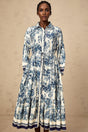 Tenley Midi Dress Graphic Print Blue & White Tied Waist Pleated