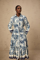 Tenley Midi Dress Graphic Print Blue & White Tied Waist Pleated