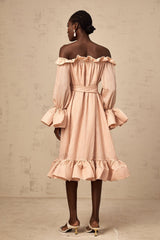 Tenley Midi Dress Pink Offshoulder Ruffled Waist Tie Calf Length