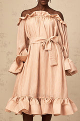Tenley Midi Dress Pink Offshoulder Ruffled Waist Tie Calf Length