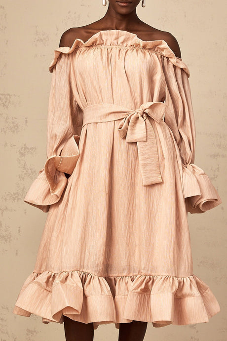 Tenley Midi Dress Pink Offshoulder Ruffled Waist Tie Calf Length
