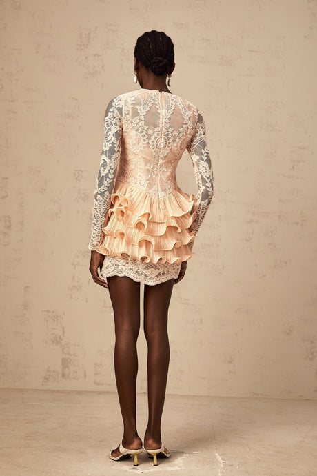 Tenley Mini Dress Peach Lace Tiered Ruffle Floral Embellishments