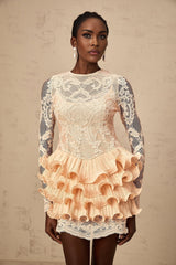 Tenley Mini Dress Peach Lace Tiered Ruffle Floral Embellishments