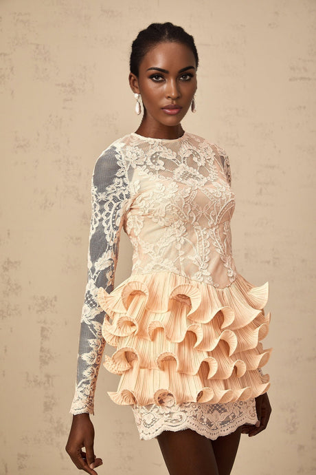 Tenley Mini Dress Peach Lace Tiered Ruffle Floral Embellishments