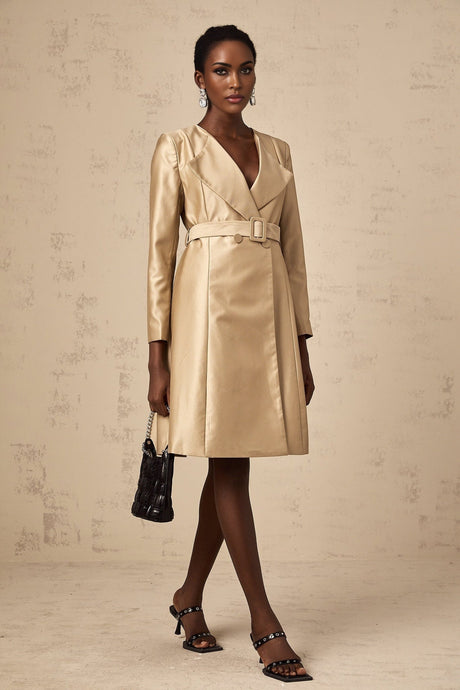 Teresa Coat Satin Finish V - Neck Lapels Belted Waist