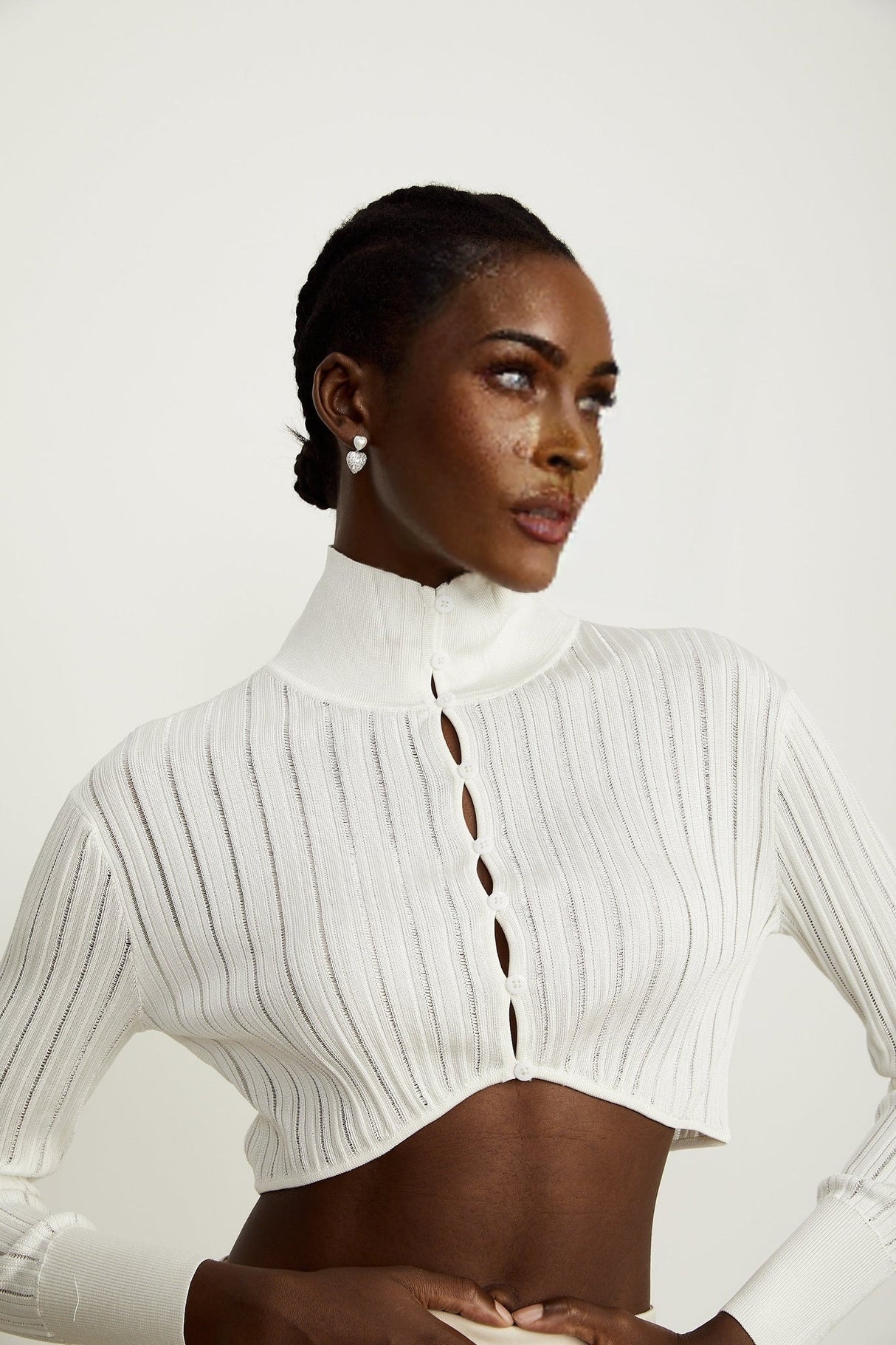 Teresa Crop Top White Ribbed Knit High Neck Button